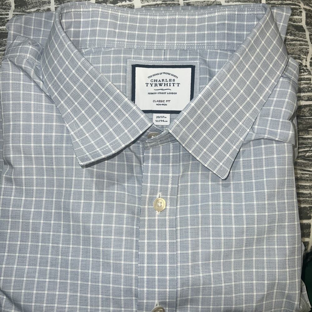 Charles Tyrwhitt Men Non Iron Blue Plaid Dress Shirt Size‎ 20/37 in